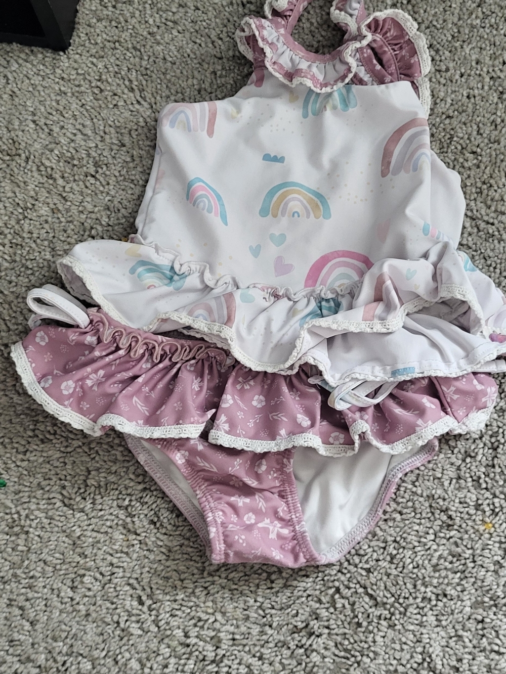 Toddler Rainbow Ruffle Swimwear - Pink and White